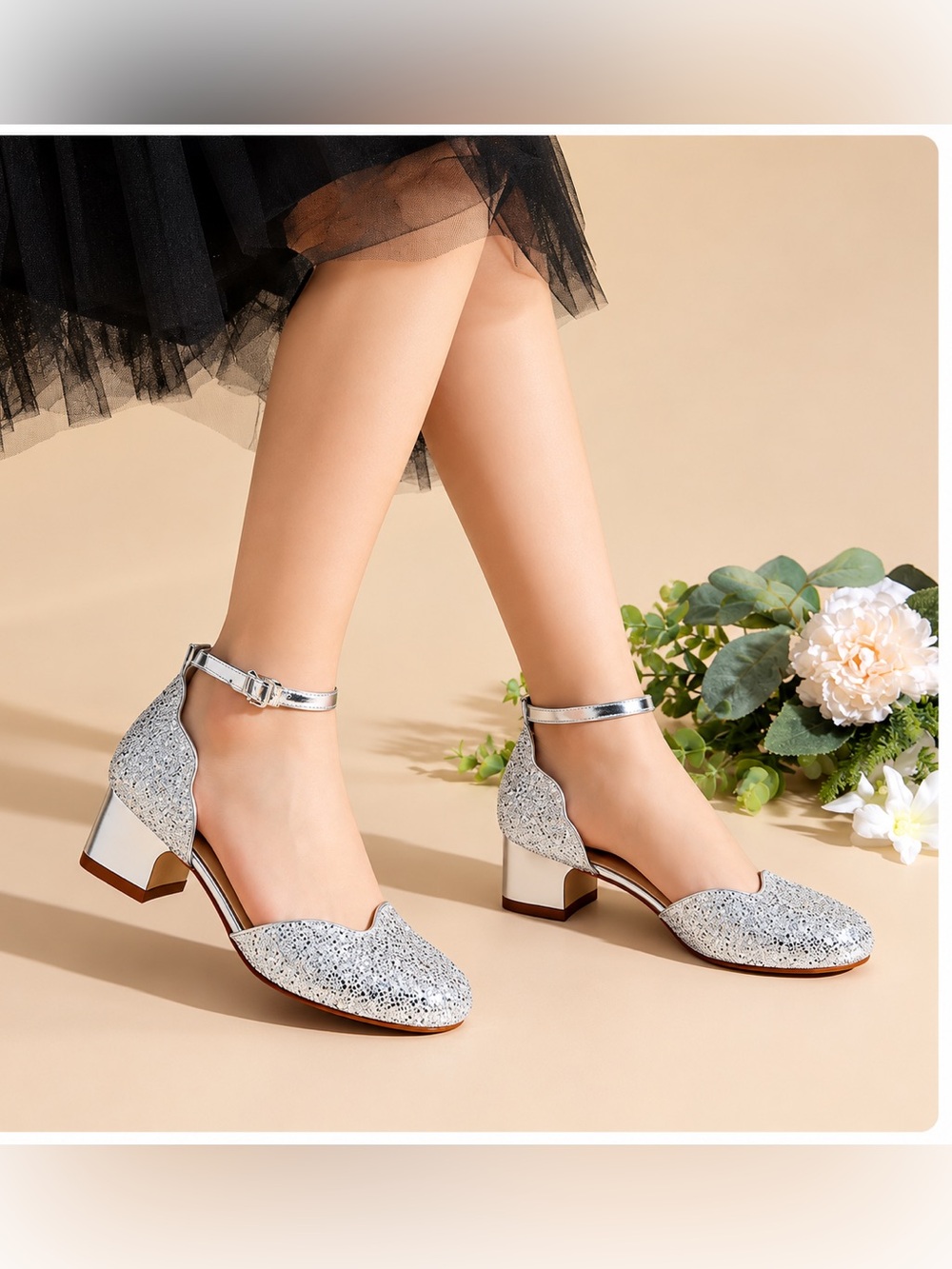 PATPAT Girls Mary Jane Shoes Size 4 Big Kid Silver Glitter Shoes